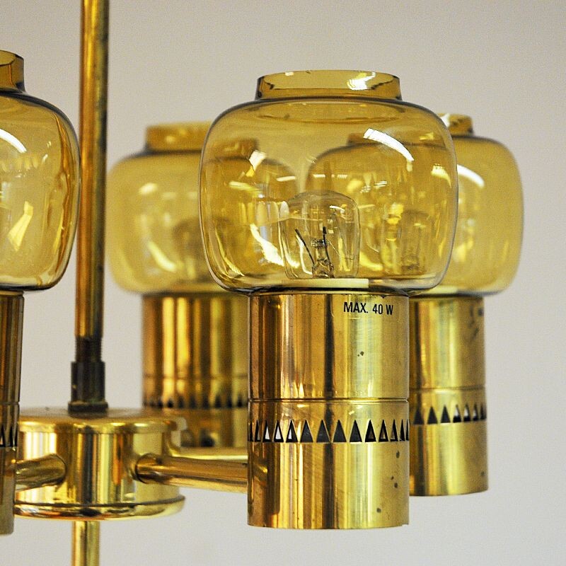 Vintage Brass and amberglass ceiling lamp by Hans-Agne Jacobsson 1950s