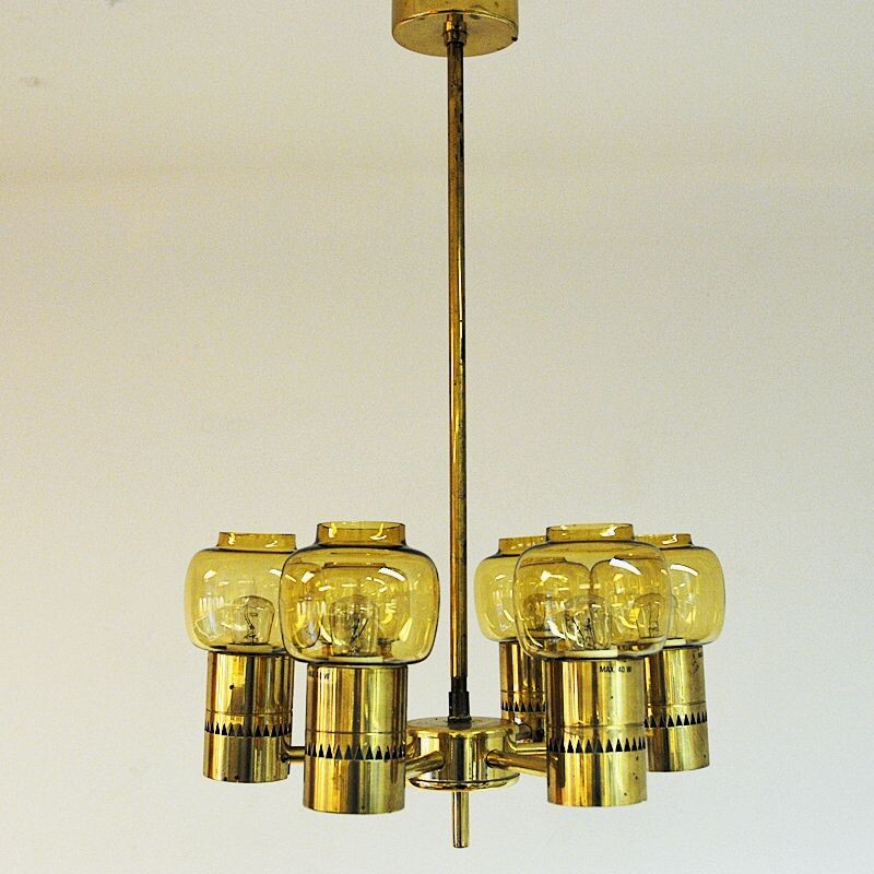 Vintage Brass and amberglass ceiling lamp by Hans-Agne Jacobsson 1950s