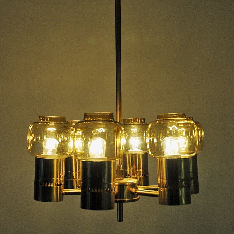 Vintage Brass and amberglass ceiling lamp by Hans-Agne Jacobsson 1950s