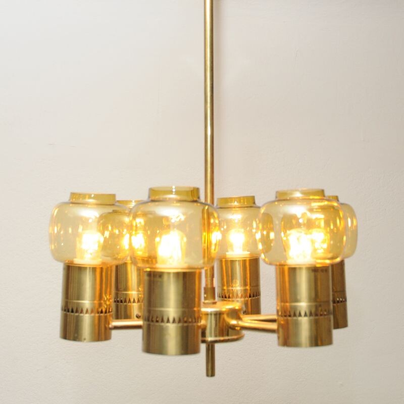 Vintage Brass and amberglass ceiling lamp by Hans-Agne Jacobsson 1950s