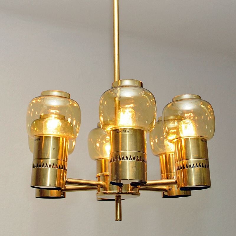 Vintage Brass and amberglass ceiling lamp by Hans-Agne Jacobsson 1950s