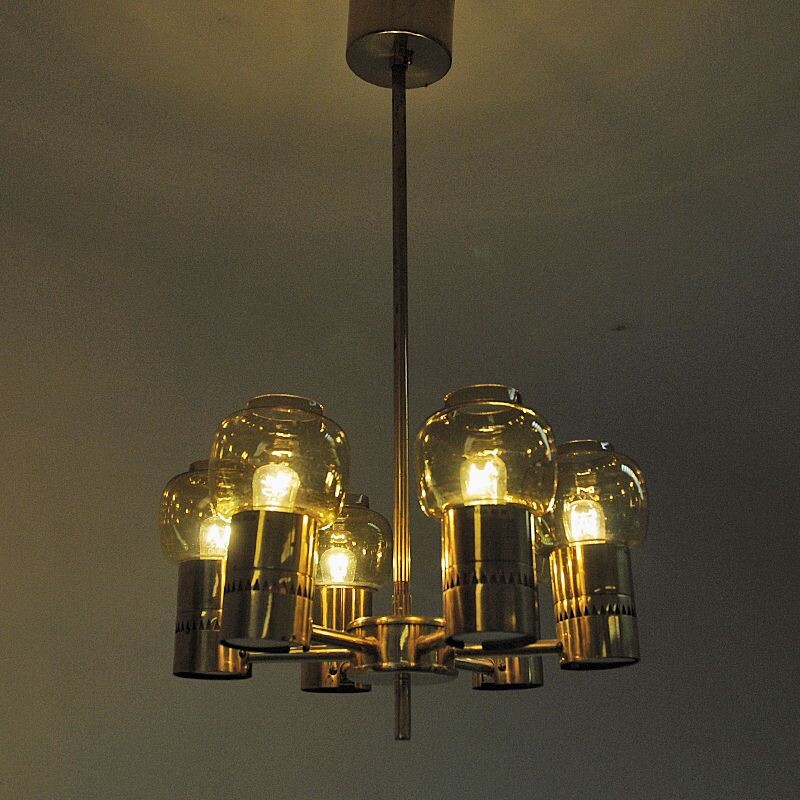 Vintage Brass and amberglass ceiling lamp by Hans-Agne Jacobsson 1950s