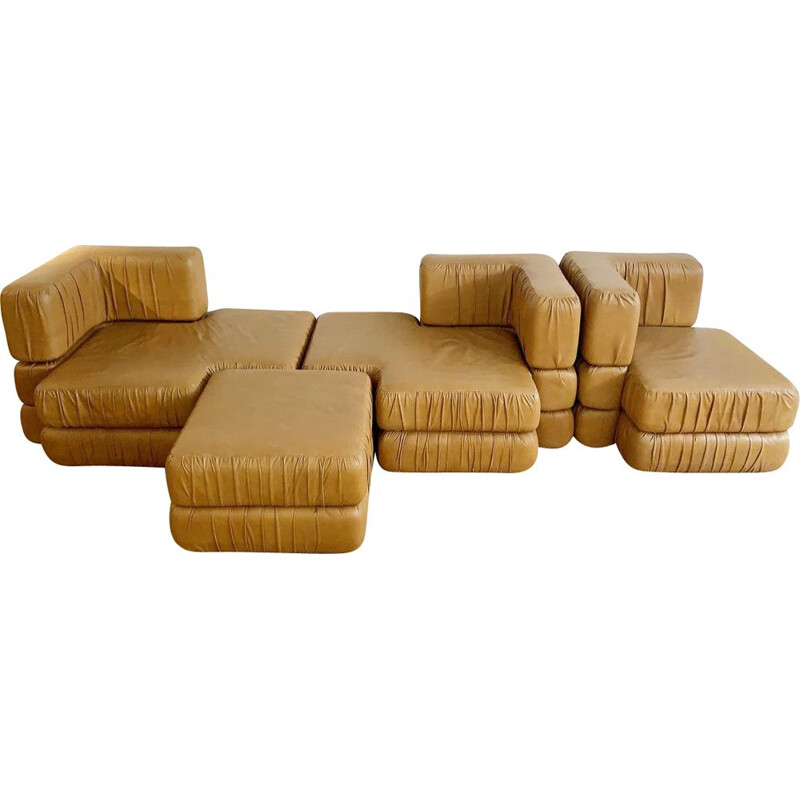 Vintage Modular Cognac Leather Sofa Italian