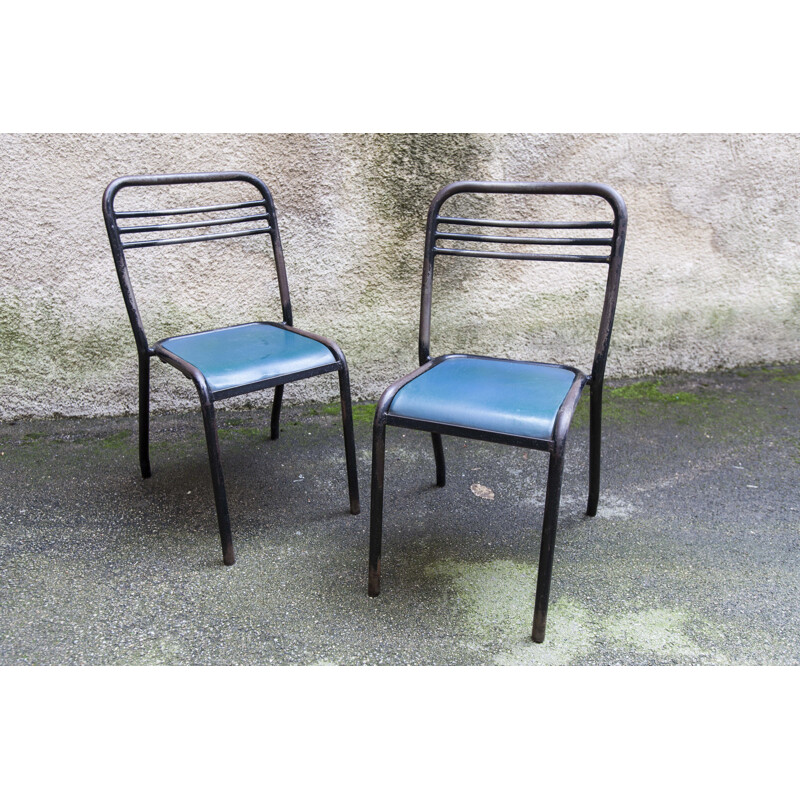 Pair of vintage tolix chairs in wood and skai by Jean Pauchard