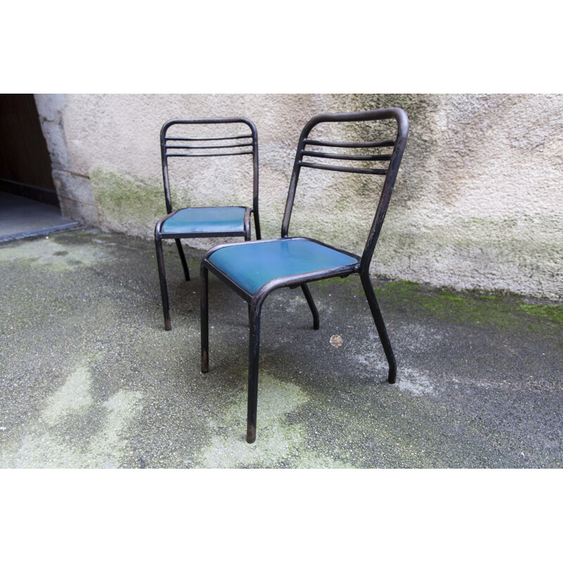 Coppia di sedie tolix vintage in legno e skai di Jean Pauchard