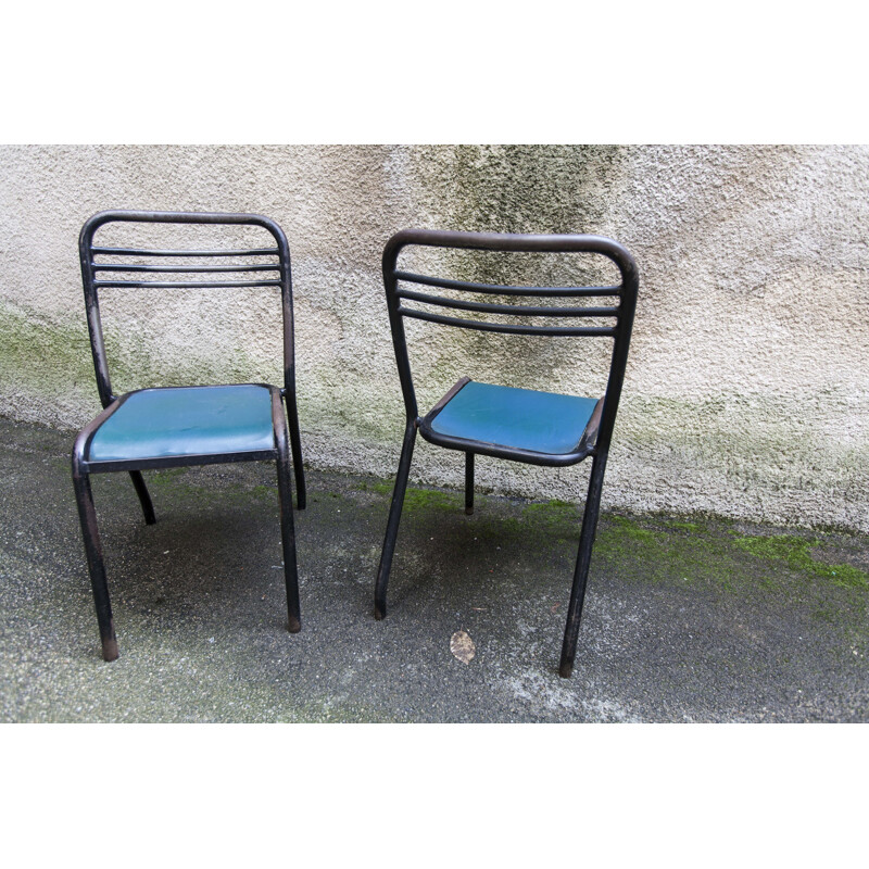 Paar vintage tolixstoelen in hout en skai van Jean Pauchard