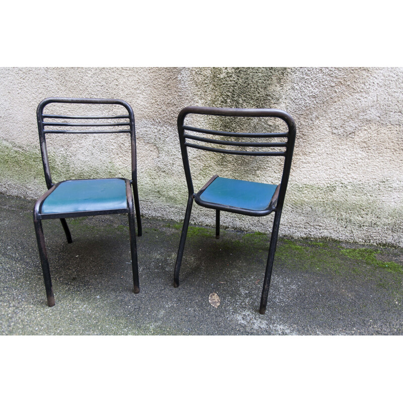 Pair of vintage tolix chairs in wood and skai by Jean Pauchard