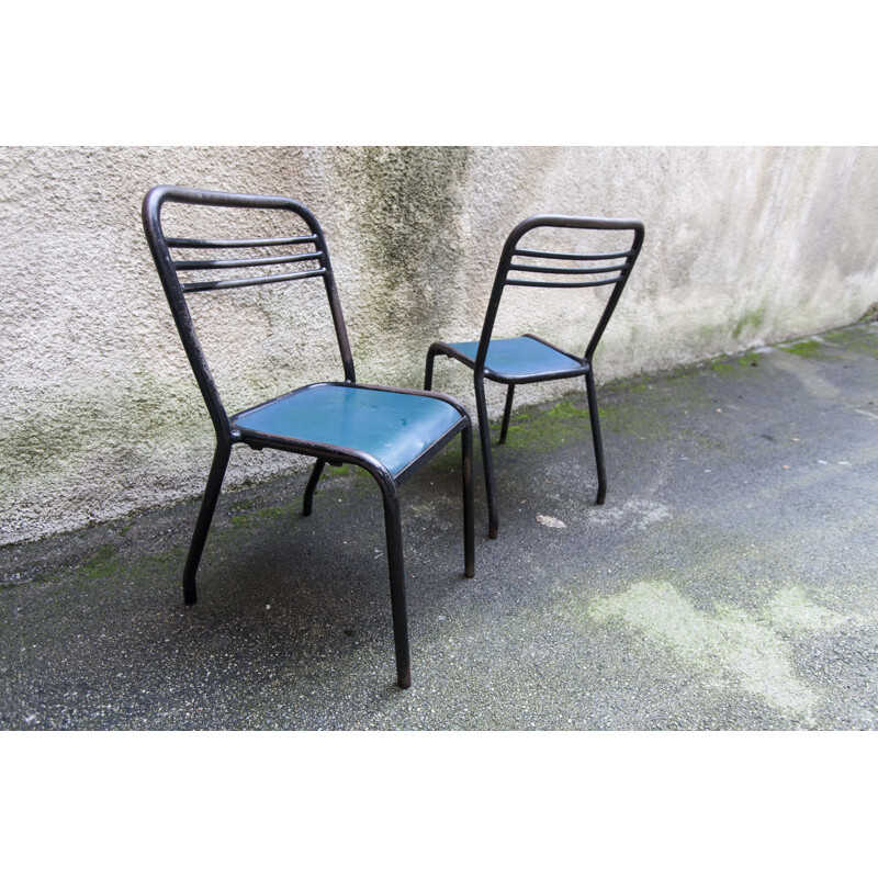 Pair of vintage tolix chairs in wood and skai by Jean Pauchard