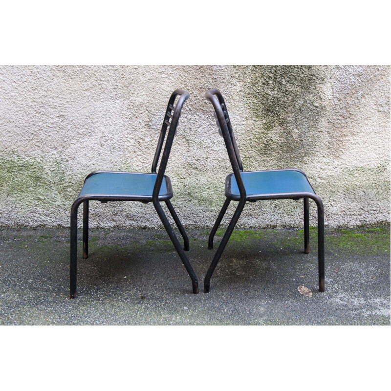 Pair of vintage tolix chairs in wood and skai by Jean Pauchard