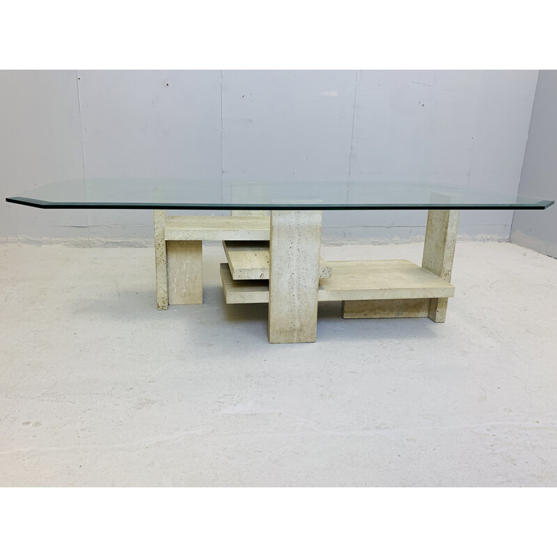 Vintage brutalist travertine coffee table by Willy Ballez, Belgium 1970