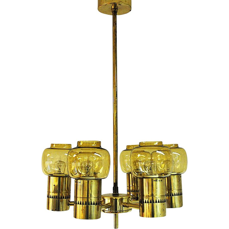 Vintage Brass and amberglass ceiling lamp by Hans-Agne Jacobsson 1950s