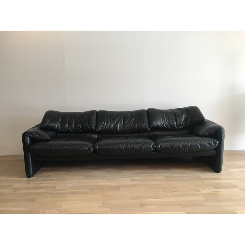 Cassina "Maralunga" 3-seater sofa in black leather, Vico MAGISTRETTI - 1970s