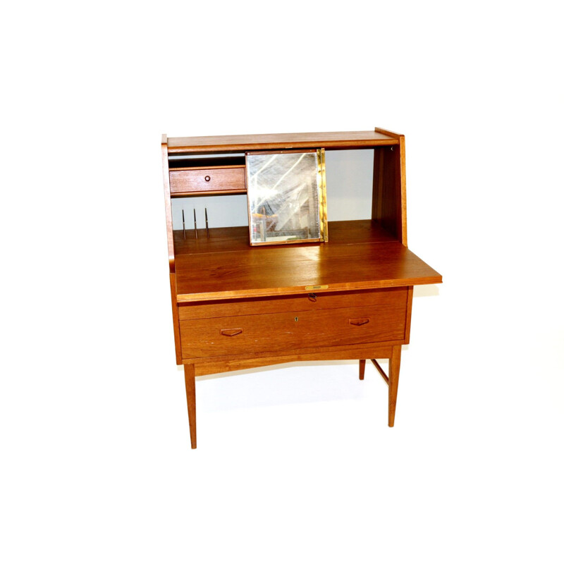 Vintage teak wood secretary, suede, 1960