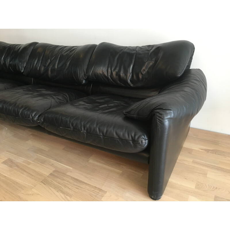 Cassina "Maralunga" 3-seater sofa in black leather, Vico MAGISTRETTI - 1970s