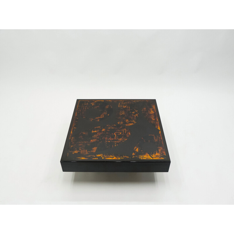 Table basse vintage de J.C. Mahey laquée noire orange et cuir 1970