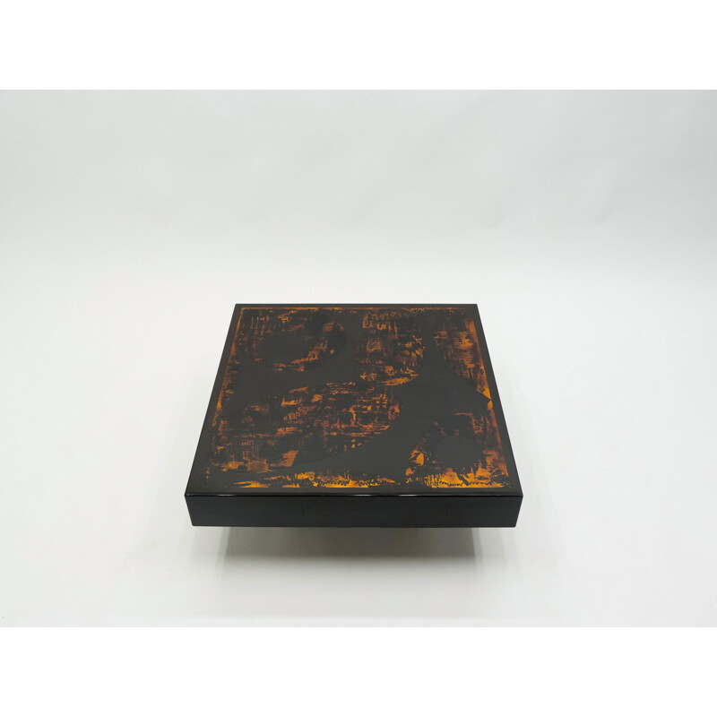 Vintage coffee table from J.C. Mahey black orange lacquer and leather 1970