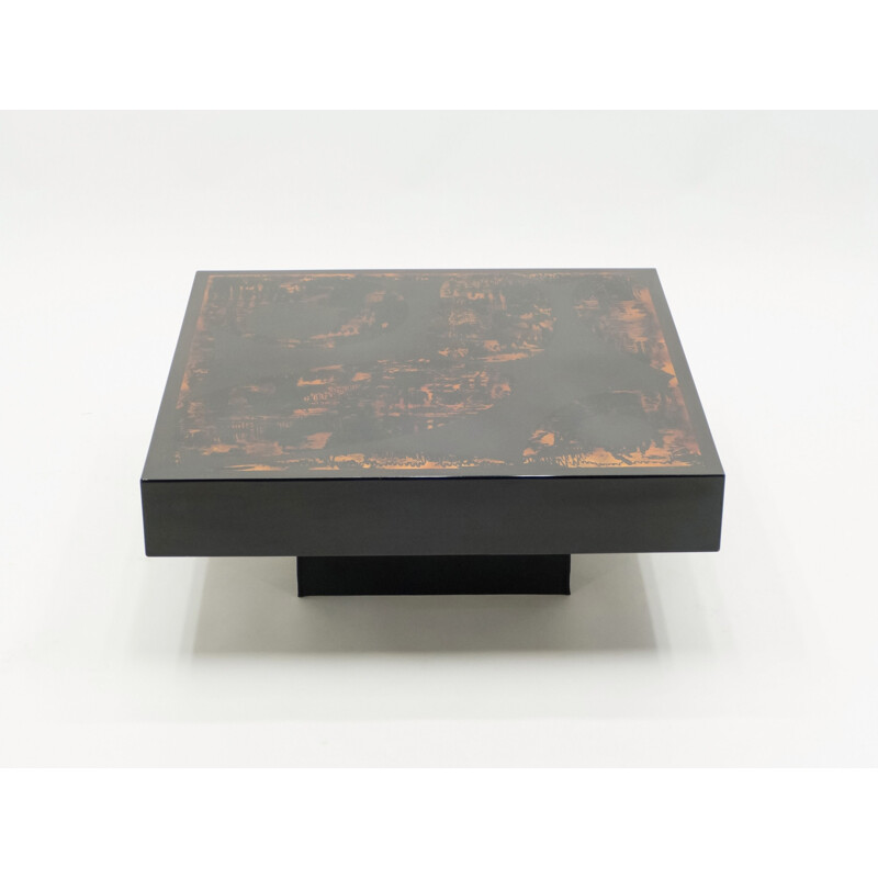 Table basse vintage de J.C. Mahey laquée noire orange et cuir 1970