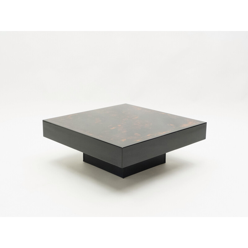 Vintage coffee table from J.C. Mahey black orange lacquer and leather 1970