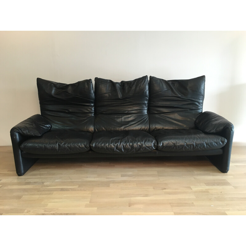 Cassina "Maralunga" 3-seater sofa in black leather, Vico MAGISTRETTI - 1970s