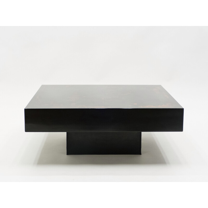 Vintage coffee table from J.C. Mahey black orange lacquer and leather 1970