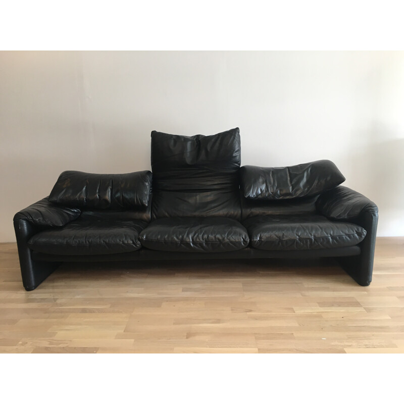 Cassina "Maralunga" 3-seater sofa in black leather, Vico MAGISTRETTI - 1970s