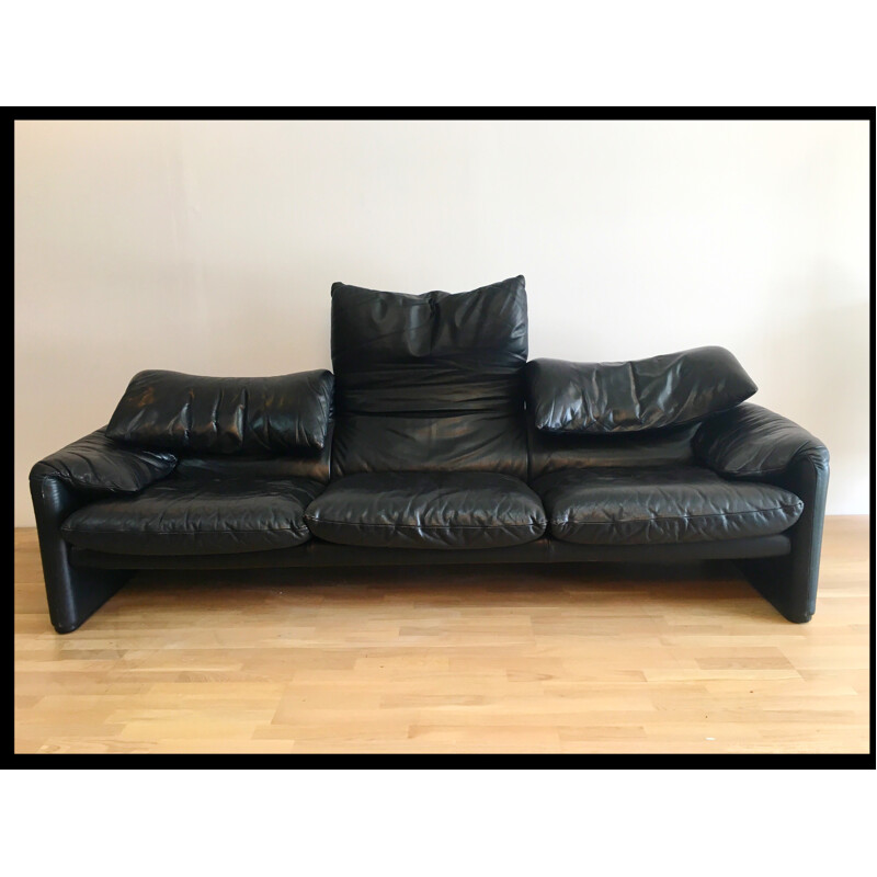 Cassina "Maralunga" 3-seater sofa in black leather, Vico MAGISTRETTI - 1970s