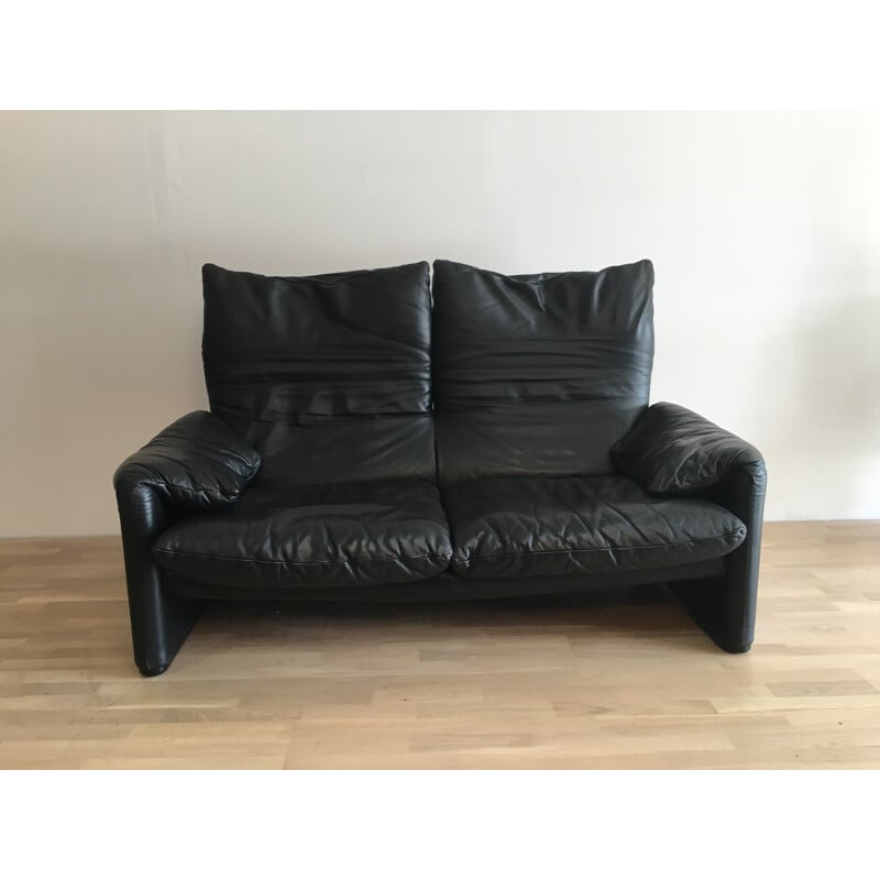 Cassina "Maralunga" 2-seater sofa in black leather, Vico MAGISTRETTI - 1970s