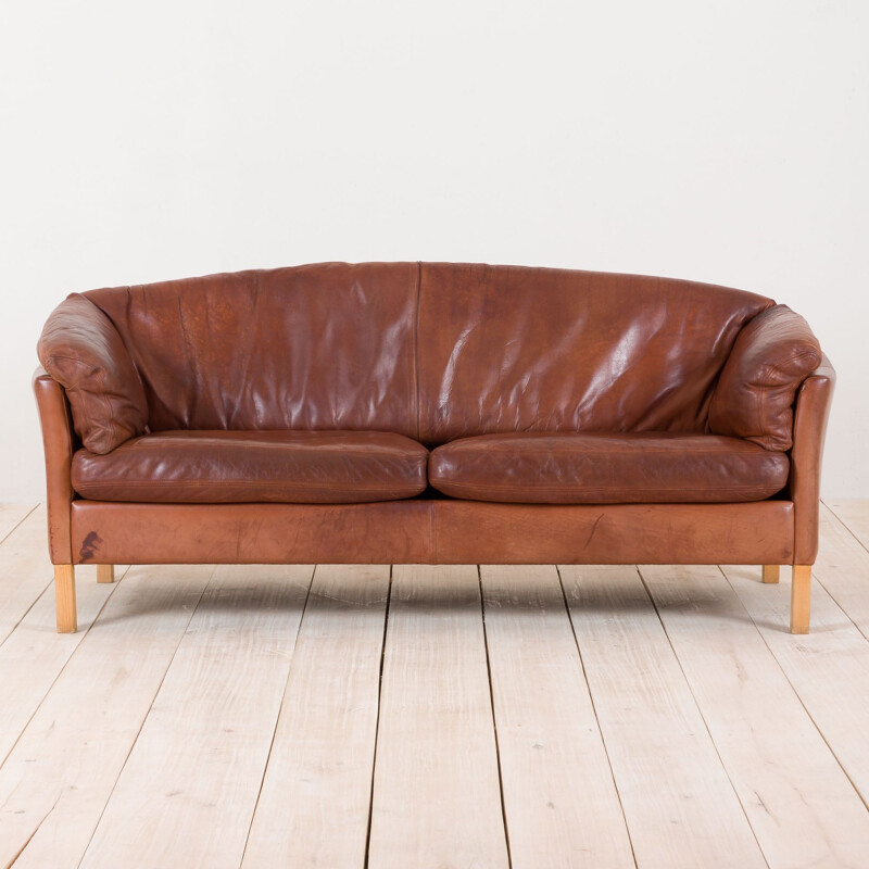 Vintage Mogens Hansen 2,5 seater sofa cognac leather, Denmark, 1970s