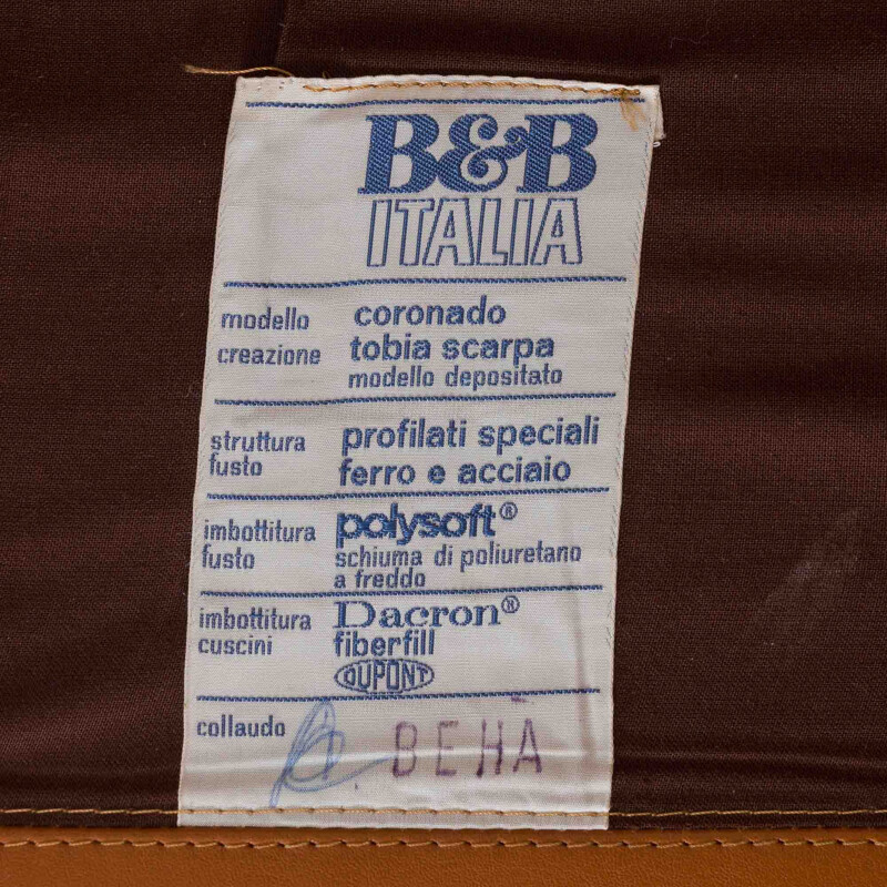 Paire de fauteils lounge vintage B&B Tobia Scarpa Coronado en cuir brun clair, Italia 1970 