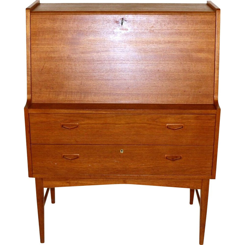 Vintage teak wood secretary, suede, 1960