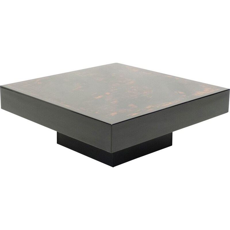 Vintage coffee table from J.C. Mahey black orange lacquer and leather 1970