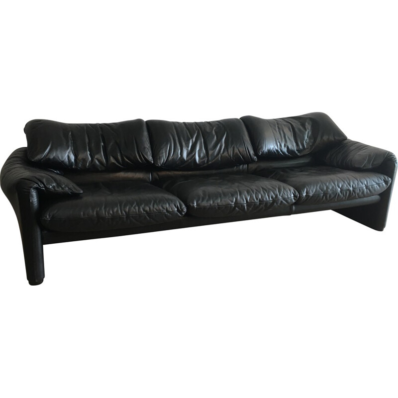 Cassina "Maralunga" 3-seater sofa in black leather, Vico MAGISTRETTI - 1970s