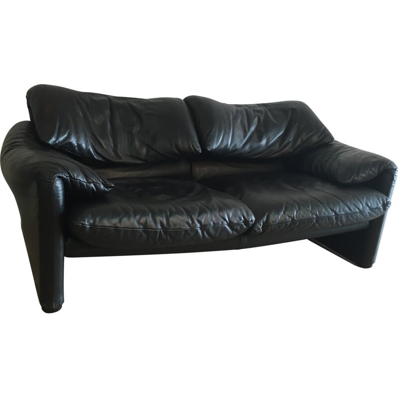 Cassina "Maralunga" 2-seater sofa in black leather, Vico MAGISTRETTI - 1970s