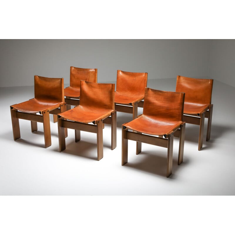 6 Vintage Cognac Leather 'Monk' Dining Chairs by Afra & Tobia Scarpa 1970s