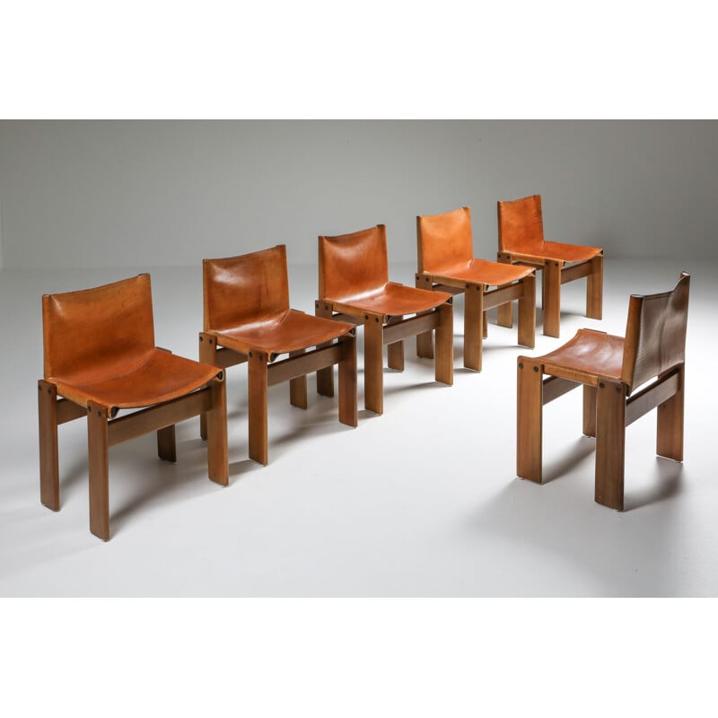 6 Vintage Cognac Leather 'Monk' Dining Chairs by Afra & Tobia Scarpa 1970s