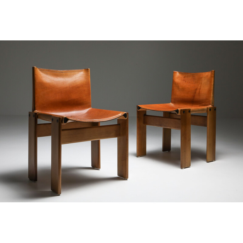 6 Vintage Cognac Leather 'Monk' Dining Chairs by Afra & Tobia Scarpa 1970s