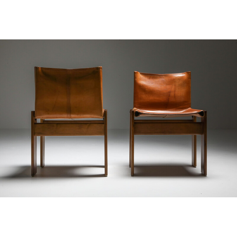 6 Vintage Cognac Leather 'Monk' Dining Chairs by Afra & Tobia Scarpa 1970s