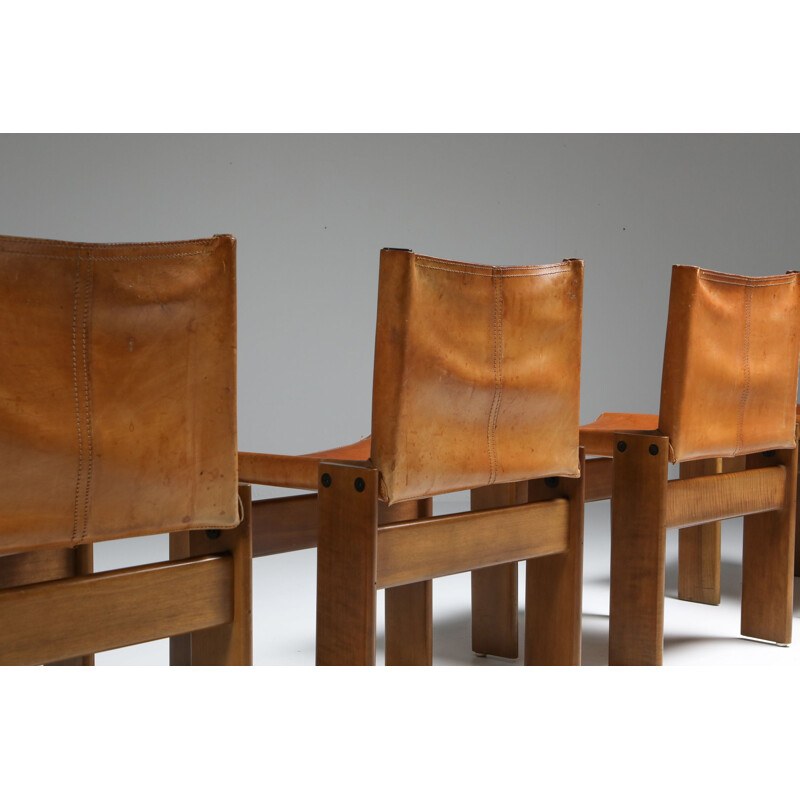 6 Vintage Cognac Leather 'Monk' Dining Chairs by Afra & Tobia Scarpa 1970s