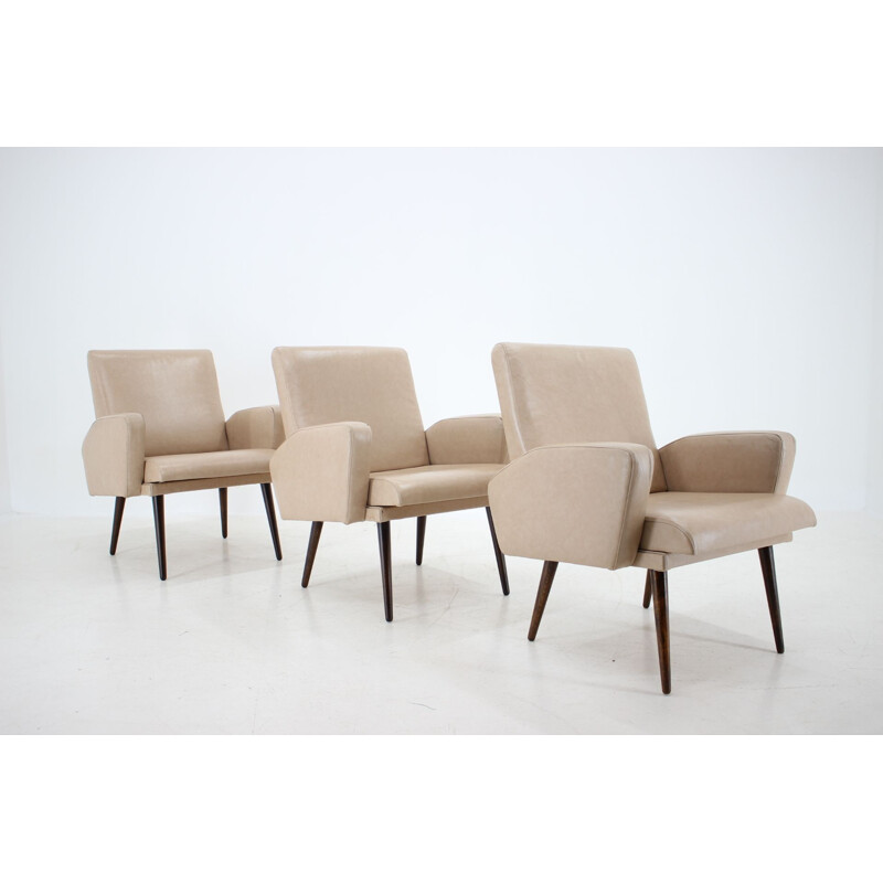 Set van 3 vintage lederen fauteuils van Miroslav Navrátil, Tsjechoslowakije 1970