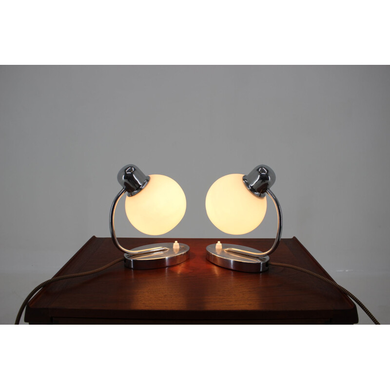 Pair of vintage glass and metal lamps type 1606 for Drupol, Czechoslovakia 1940