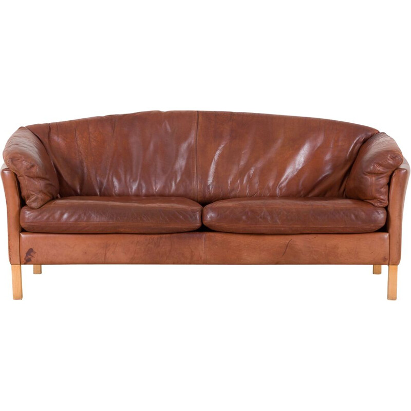 Vintage Mogens Hansen 2,5 seater sofa cognac leather, Denmark, 1970s