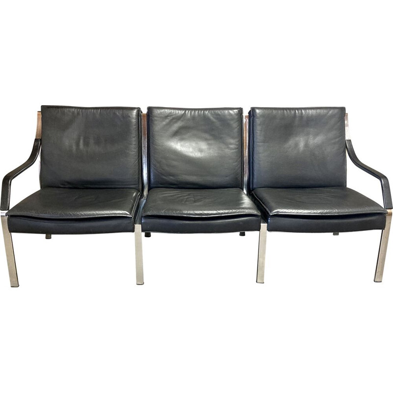 Vintage black leather sofa 3 seats Walter Knoll 1960