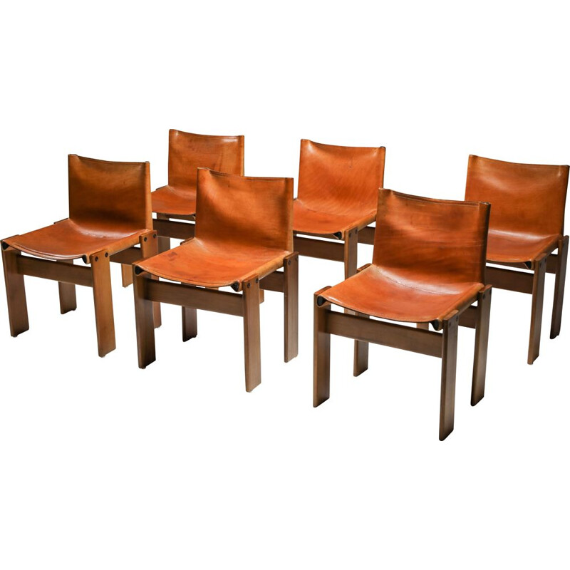 6 Vintage Cognac Leather 'Monk' Dining Chairs by Afra & Tobia Scarpa 1970s