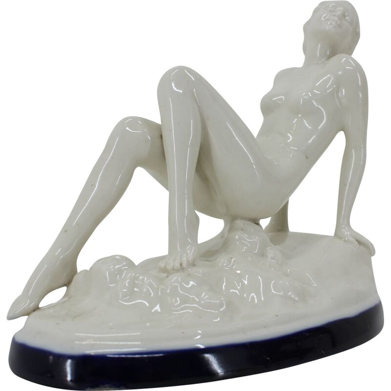 Vintage art deco ceramic sculpture of a seated nude woman, Czechoslovakia 1930