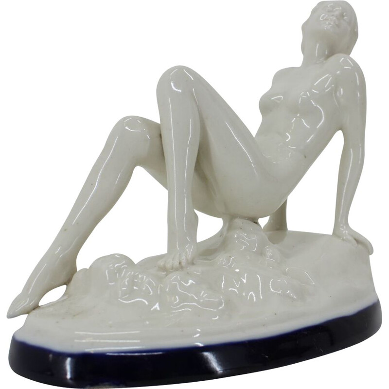 Vintage Art Deco Keramikskulptur einer sitzenden nackten Frau, Tschechoslowakei 1930