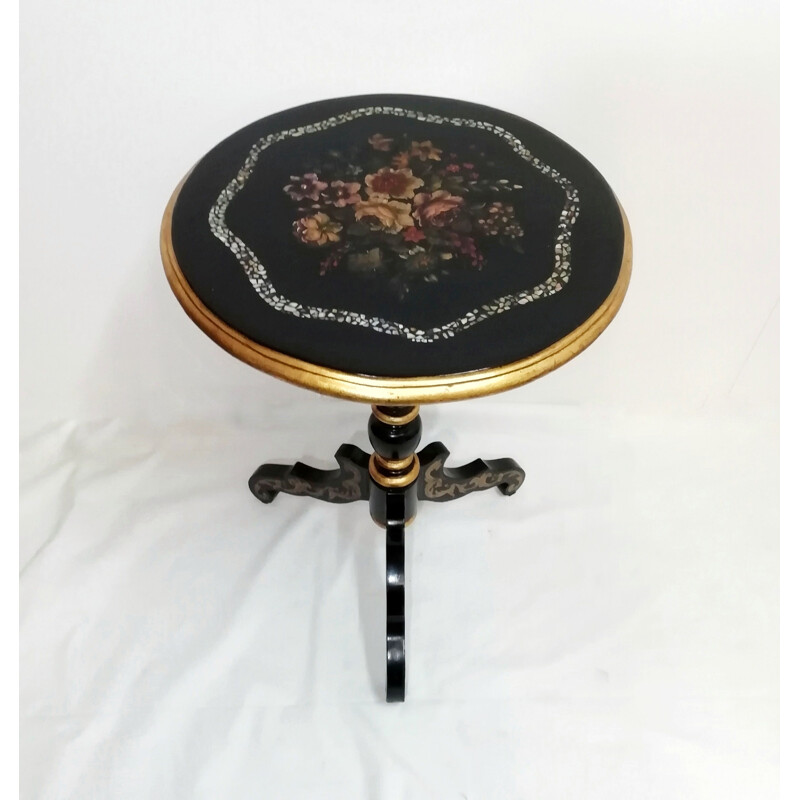 Vintage Round polychrome wood side table. 1950