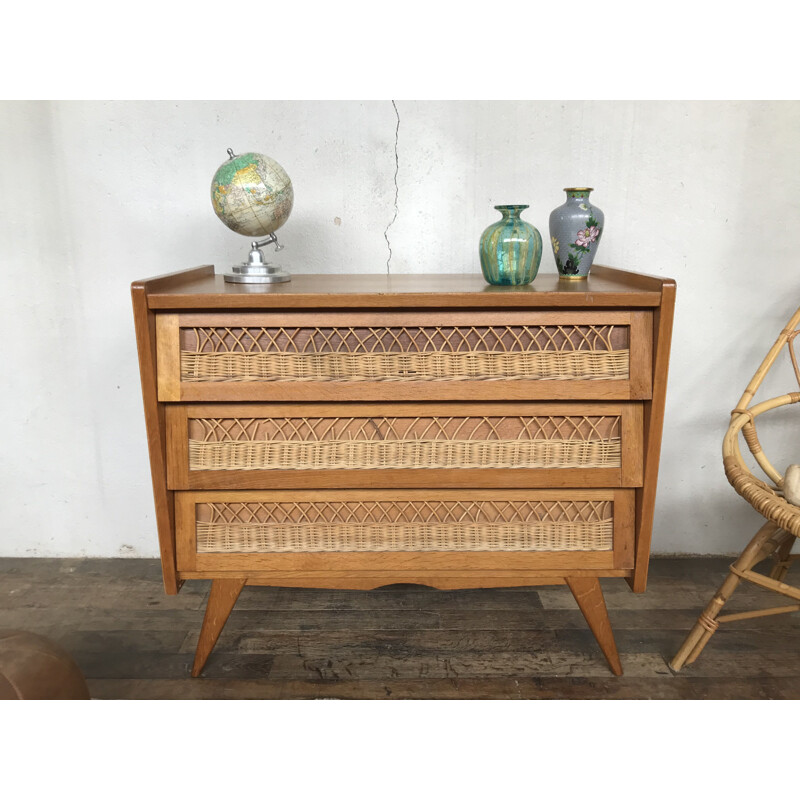 Vintage rattan chest of drawers with compass feet 1950
