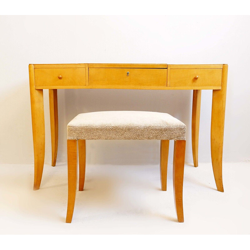 Vintage De Coene Vanity Table With Drawers And Bench, Belgium 1940