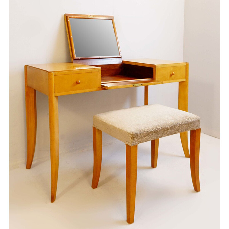 Vintage De Coene Vanity Table With Drawers And Bench, Belgium 1940