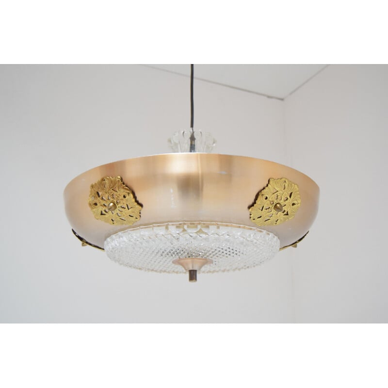 Vintage glass and brass chandelier, Czechoslovakia 1970